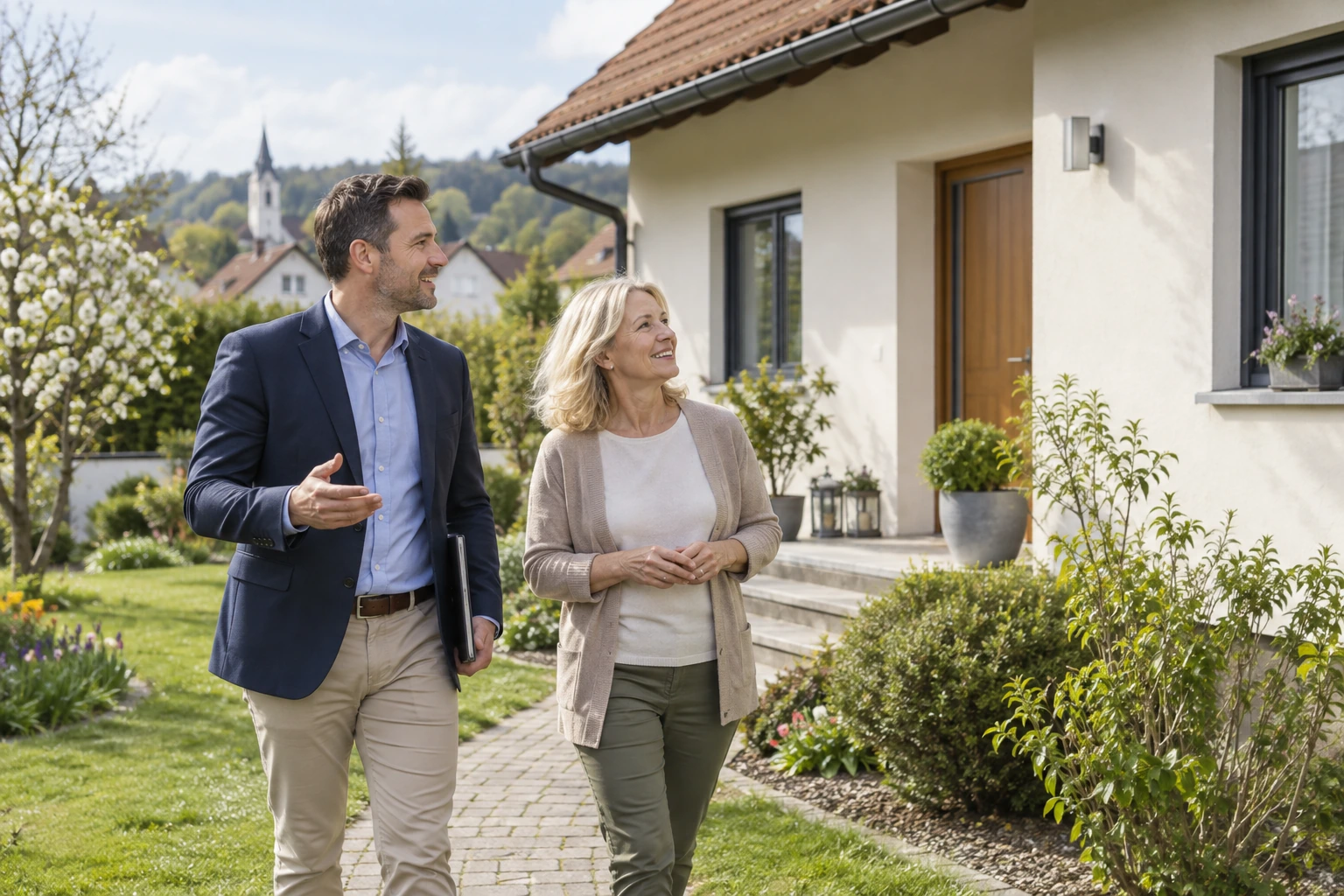 Mann und Frau gehen gemeinsam durch einen Hausgarten
